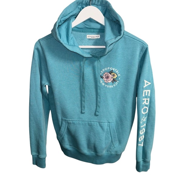 Aeropostale Blue Floral Pullover Sweatshirt Comfy Hoodie Size Small - Picture 9 of 9